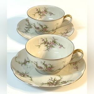 Set 2 Theodore Haviland New York Rosalinde Tea Cups & Saucers Floral Gold Trim